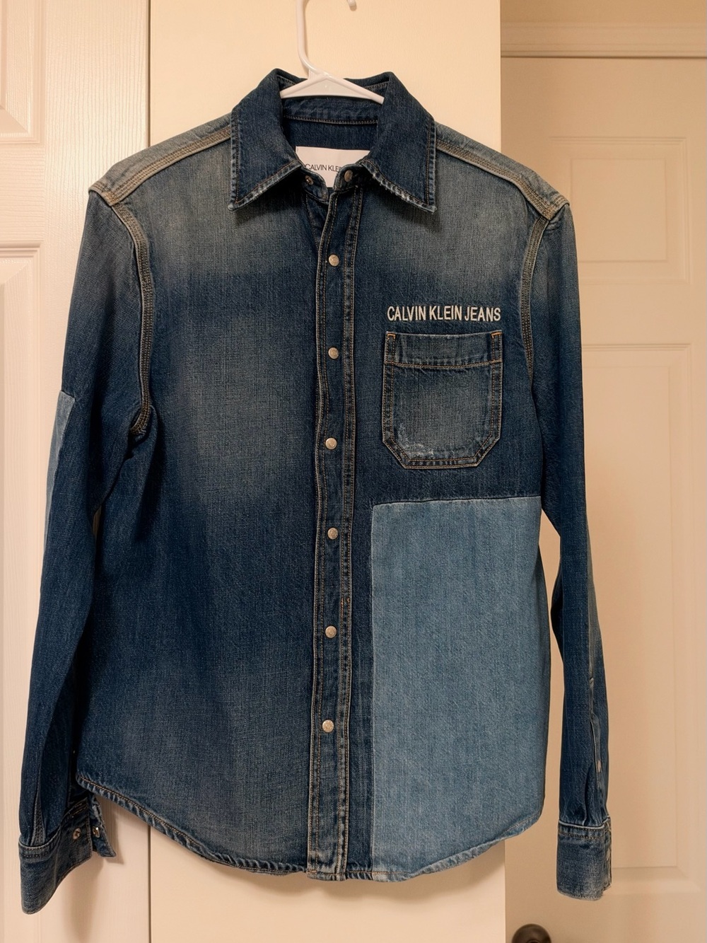Calvin Klein Jeans Colorblock Patchwork Denim Shirt Small Snap Front